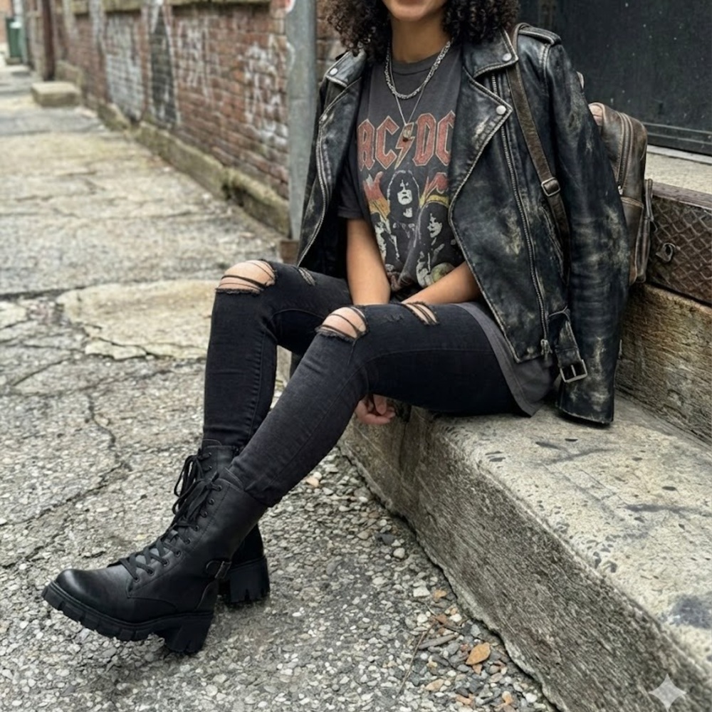 NWT Bonnibel Black Combat Boots Chunky Lug Sole Lace Up Buckle Moto 2.5” Heel - Picture 4 of 6